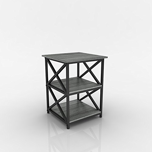 eHomeProducts Weathered Grey Oak Finish Metal X-Design Chair Side End Table with 3-Tier Shelf