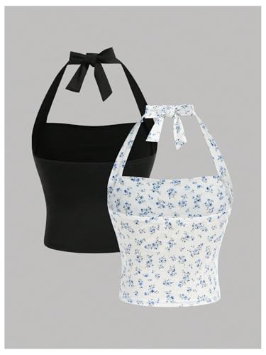 SOLY HUX Girl's Halter Crop Top 2 Packs Sleeveless Slim Fit Tank Shirts Streetwear Y2k Clothes2