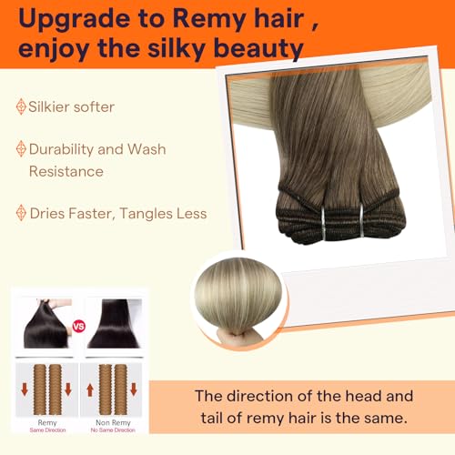 Image of Full Shine Weft Hair Extensions Human Hair 12 Inch 70G Balayage Hair Weft | Ash Brown To Platinum Blonde, Remy Straight Hair Weft, Sew In Extensions, Daily Wear For Women, add volume
