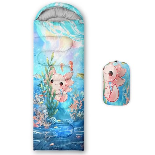 Image of QOOMO Axolotl Cute Camping Sleeping Bags,3 Season Warm & Cool Weather,Lightweight,Waterproof Sleeping Bags for Adults & Kids,Traveling,and Outdoors