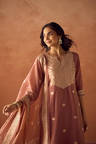 Image of FIORRA Women Cotton Jacquard Woven Kurta Set with Dupatta