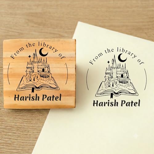 Image of Kunya Personalised Book Stamp with Your Name(3.5 cm Dia), customised for Stamping Books for Readers, Great Gift for booklovers, Kids, Teachers (Magical Castle)