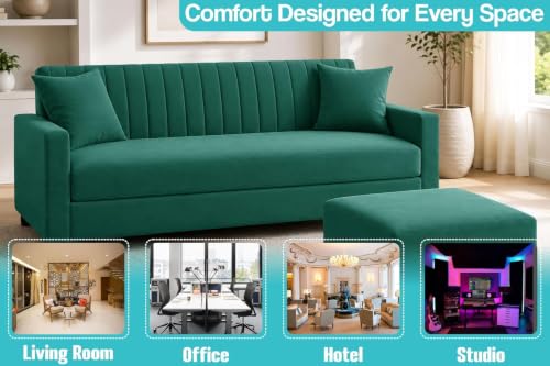Image of Los Angeles Modern 3-Seater Wooden Sofa Set with Ottoman, Soft Velvet Upholstery, Comfortable Couch for Living Room, Office - Green
