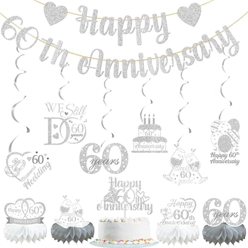 Happy 60th Anniversary Party Decorations Supplies Cheers to 60 Years Party Banner Cake Topper Hanging Swirls Honeycomb Centerpiece 60th Diamond Wedding Anniversary