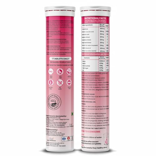 Image of Vedapure L Glutathione Effervescent Tablets with Vitamin C & E | Skin Brightening, Hydration & Collagen Boost | For Men & Women | 15 Watermelon & Strawberry Tablets (Pack of 2)