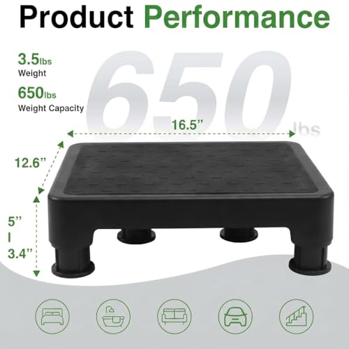 Image of COOL-ANGLE Adjustable Step Stool for High Beds & SUV - Non-Slip Mobility Platform for Seniors, 650lbs Capacity, 3 Heights (3.4 inch-5 inch), Wide Safety Base for Car & Bath, 16.5 inchx12.6 inch, Black