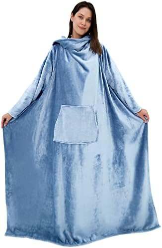 MAXICOZY Wearable Blanket with Sleeves and Pocket, 50 "x 70 ", Warm and Comfy Flannel Blanket Sweatshirt for Adult Women Men(Light Blue)
