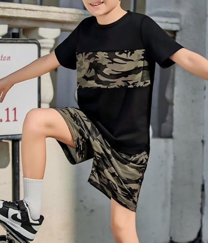 Arshiner Jungen Tshirt mit Short Set Sommer Freizeit Bekleidungssets Kurzarmshirt Zweiteiliges Farbblock-Mode Outfits für Jungen 10-11 Jahre