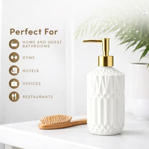 Image of Luxe Home International Geometric Texture Pattern Glass Soap Dispenser for Bathroom and Kitchen Sink Leak Proof Liquid Hand Wash Round Bottle Lightweight Smooth Finish (19x7.5 cm White) Pack of 1