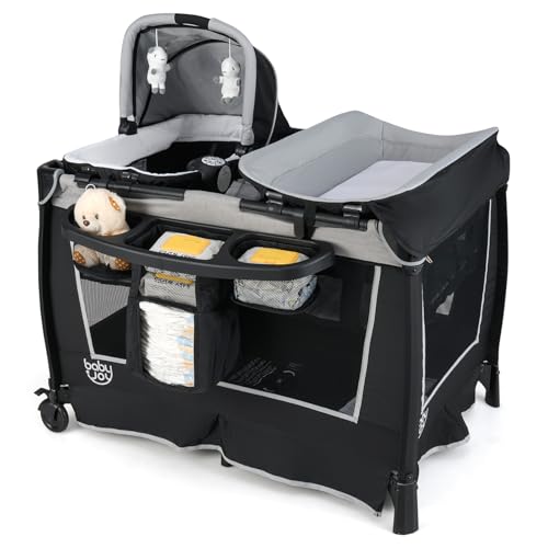 Image of BABY JOY 5 in 1 Pack and Play, Portable Nursery Center Baby Playard w/Bassinet & Diaper Changing Table, Bag, Infant Bassinet Crib Activity Center for Baby Toddlers Indoor Outdoor (Space Grey, Classic)