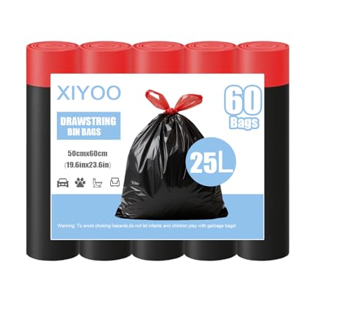 XIYOO Bin Bags 25L Bin Liners with Drawstring 60 Counts Black Rubbish Bag Strong Trash Bags