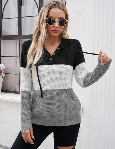 Image of VIMPUNEC Womens Fall Hoodie Sweater Long Sleeve Hooded Top with Pocket | V Neck, Button, Adjustable Drawstring, Waffle Knit, Loose Fit, Ribbed, Kangaroo Pocket