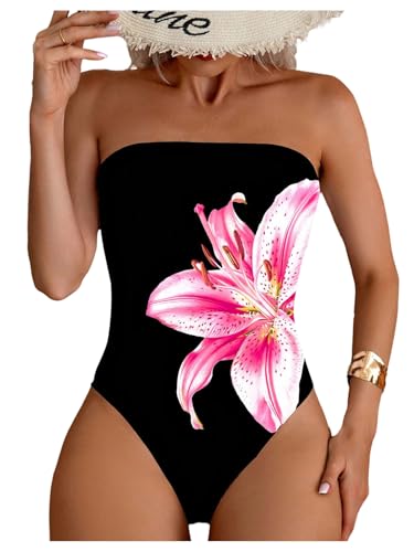 SweatyRocks Women's Floral Print Tube Strapless Swimwear Sleeveless One Piece Swimsuit Black S - Main Image