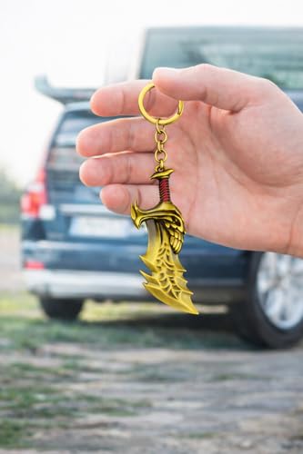 Image of BLUE WARRIOR God of war keychain (gold)- Fantasy Winged Dagger Keychain - Antique Gold Mini Sword Key Ring with Red Handle - Metal Collectible Key Holder for Men, Women, Gamers & Gift Giving