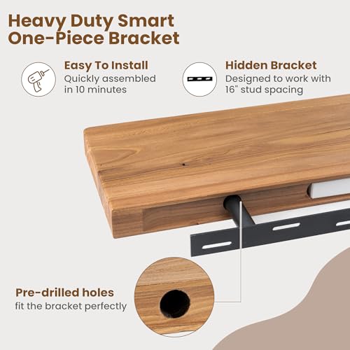 Image of Floating Shelves for Wall, 30 inchWx8 inchD Rustic Solid Elm Wood Floating Shelves Wall Mounted, Round Edge Wall Shelves with Invisible Bracket for Living Room Bathroom Bedroom Kitchen, Set of 2, Natural