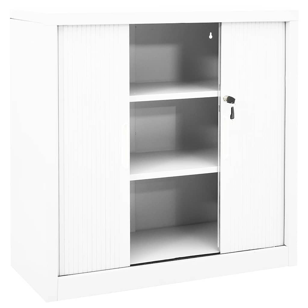 Armadio Ante Scorrevoli Acciaio con Serratura, Bianco 90x40x90 cm | Mobiletto salvaspazio in metallo per ufficio e corridoio con 2 ripiani regolabili e chiusura di sicurezza.