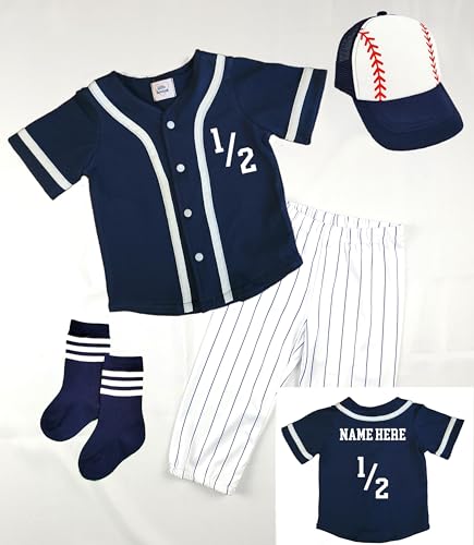 Personalized Half Way to First® Birthday Boy Girl 6 Month Navy Baseball Jersey Outfit 1/2 Halfway Set2