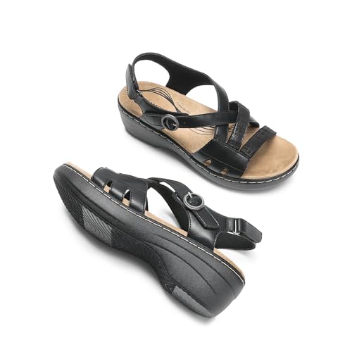 DREAM PAIRS Women's Comfortable Arch Support Wedge Sandals Open Toe Summer Walking Shoe,Size 9,Black,DWUMWS2510