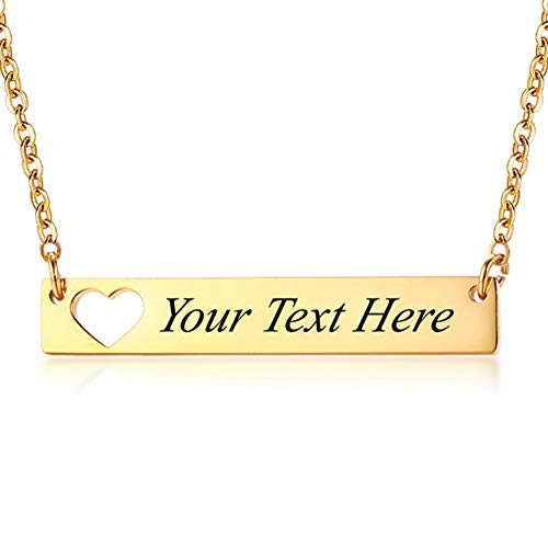 ENHONG 14k Gold Custom Engraved Horizontal Bar Pendant Necklace Dainty Jewelry for Women 16''