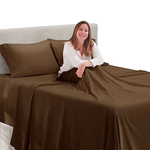 Image of Hearth & Harbor Extra Deep Pocket 4-Piece Bed Sheets Set - Super Deep Fitted Sheet 18-24 inces Depth, Fits High Profile Mattresses with Toppers, California King, Chocolate Brown | 4 Piece Bed Sheet Set, Ultra Soft & Breathable, Fits Up to 24 inch Mattress, Hotel Luxury