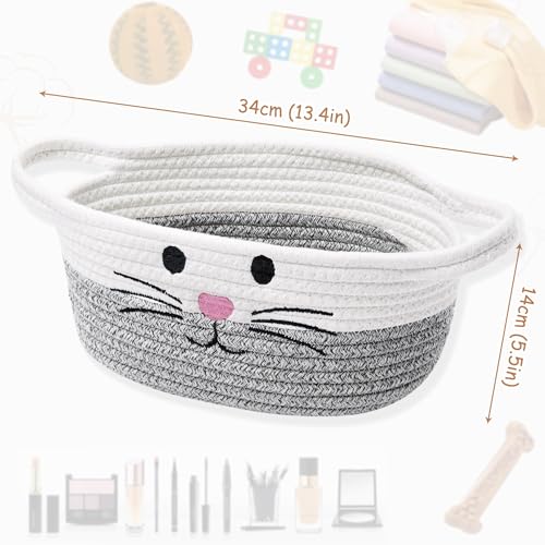 Kleiner Aufbewahrungskorb geflochten aus Baumwollseil mit Henkel – Spielzeugkorb für Kinderzimmer & Haustier – Niedlicher Baumwollkorb, Mehrzweck-Aufbewahrungskorb, zur Spielzeugorganisation,Grau