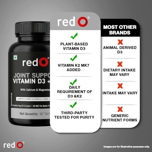 Image of redO Joint Support With K2 Tablets for Men and Women | Vegetarian Calcium 500 mg & Vitamin D3 600 IU | Bone Health, Muscle Strength & Joint Supplement | Pack of 30