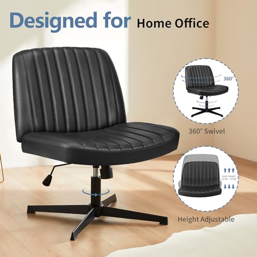 Image of DUMOS Criss Cross Chair No Wheels, Wide Seat Cross Legged Office Desk Vanity Chair, Faux Leather Armless Height Adjustable Swivel Task Computer Chairs for Home, Study, Black PU