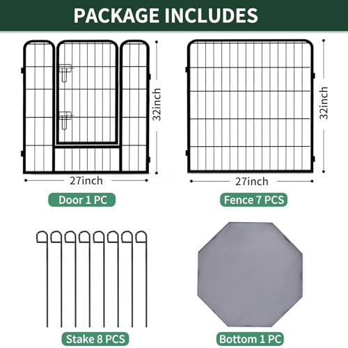 Image of PETIME Dog Playpen,Metal Exercise Puppy Pen Heavy Duty Kennels Yard Fence Indoor /Outdoor 27 inch W x 32 inch H 8 Panels Dog Cage with Octagon Bottom Pad