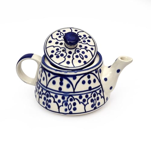 Image of NATRIEL Ceramic Tea Set, Blue Floral Design with Chevron Border, 1L Teapot with 6 Cups, Microwave and Dishwasher Safe (Option-03)