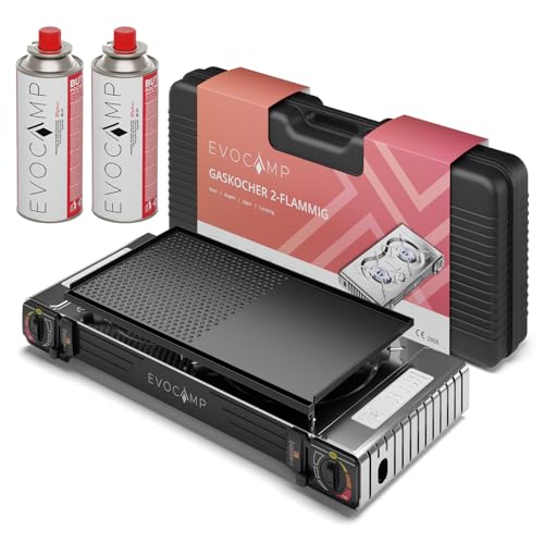 Gaskocher 2-flammig mit Piezozündung - mit Grillaufsatz 45cm -...