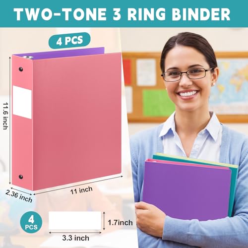 Henoyso 4 Pack Two-Tone Durable 3 Ring Binders 2 Inch, 4 Inner Pockets, Colored Plastic Flexible Binders with Large Capacity for School & Office — view 2