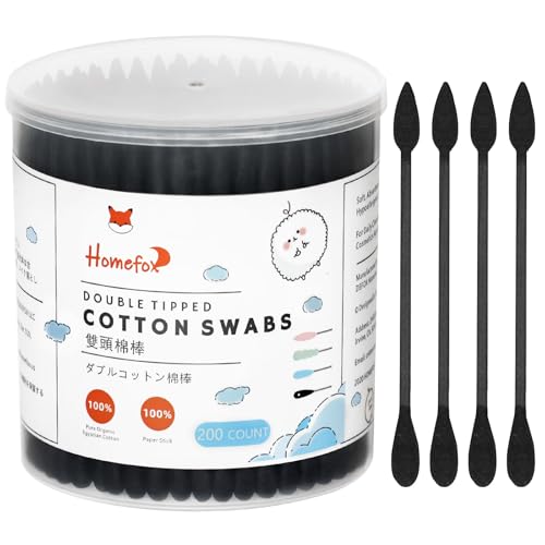 Image of Black Cotton Swabs Precision Pointed - 200 Count Organic Pointy Pointed Cotton Buds Double Side Tightly Wrapped Charcoal Cotton Tip Paper Stick Soft Gentle Cruelty-Free, Pointy & Round (Black)