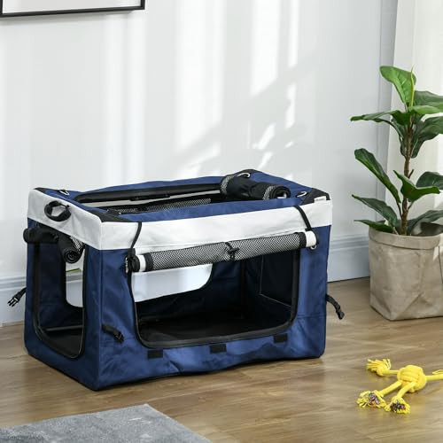 PawHut 2 in 1 Hundewagen Hundebuggy klappbar für Hunde & Katzen bis 10 kg Katzenbuggy mit Kissen Netzfenstern Türen Aufbewahrungskorb Katzenwagen Buggy Blau