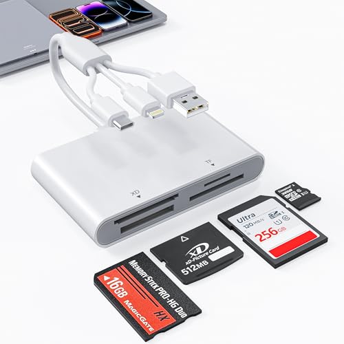 Memory Stick Pro Duo Adapter, 4 in 1 Memory Card Reader, SD/XD/MS/TF Multi Card Reader with Lightning/USB-C/USB-A, Memory Stick Pro Duo Reader for iPhone, iPad, Android, PC, Camera