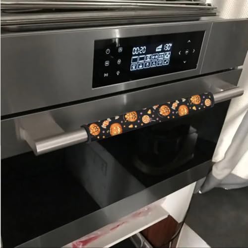 Image of Fridge Door Handle Covers Set of 6 Kitchen Appliance Decor Handles Glove Anti-Slip Protectors Washable Refrigerator Accessories for Halloween, Pumpkin Candy Print Black
