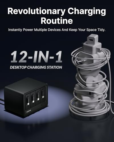 Image of Gitryin 12-in-1 Desktop Charging Station with 4 Retractable Type-C Wall Chargers, 40W USB-C Power Strip with Flat Plug, Extension Cord with 1020J Surge Protection for Home Office