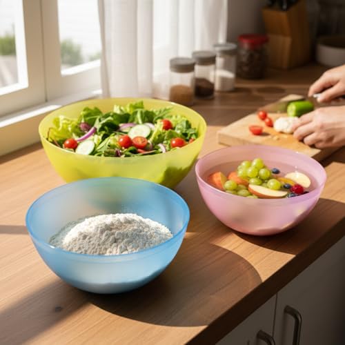 Image of Gluman 4-Piece Mixing Bowl Set | Transparent Multi-Color Plastic Kitchen Bowls for Baking, Cooking, Meal Prep & Serving |Lightweight,Dishwasher Safe |Stackable Bowls (3200ml, 2000ml, 1350ml, 850ml)