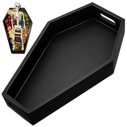 Halloween Coffin Tray, Gothic Coffin Shape Serving Board With Built-In Handles, Black Halloween Spooky Decor, Creepy Wooden Serving Tray For Candy, Snacks, Charcuterie, Jewelry, Makeup