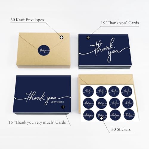 Thank You Cards with Envelopes, 30 Navy Blue Thank You Cards, 4" x 6" Classy Thank You Card for Business, Baby Shower, Wedding, Small Business, Graduation, Bridal Shower