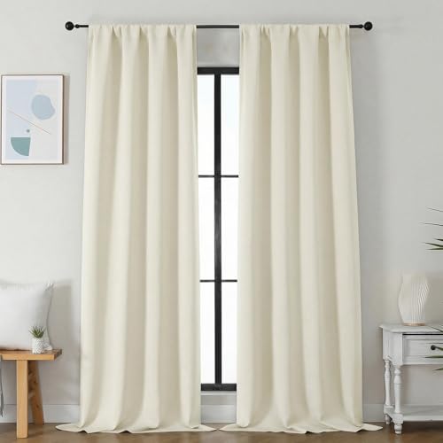Image of Simplebrand Ava Light Beige Light Filtering Curtains for Bedroom 96 Inches Long 2 Panels, Solid Thermal Insulated, Energy Saving Nursery Window Treatment Drapes, W40 x L96 Inch, Light Beige