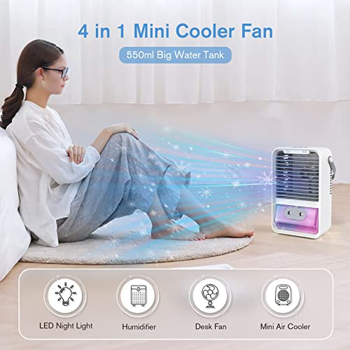 mini climatiseur portable, mini refroidisseur d'air climatiseur 4 en 1 avec aromathérapie et humidificateur, 3 vitesses mini ventilateur humidificateur avec 7 couleurs led pour maison, bureau chambre