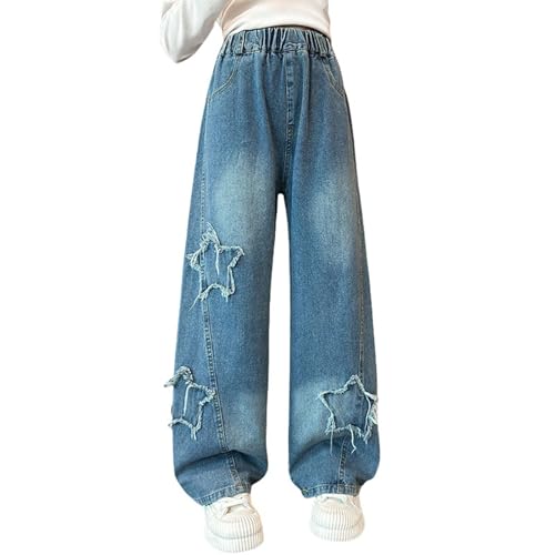 Girls Star Embroidered Jeans Baggy High Elastic Waist Soft Denim Pants Teen Trendy Ripped Cute Preppy Trousers
