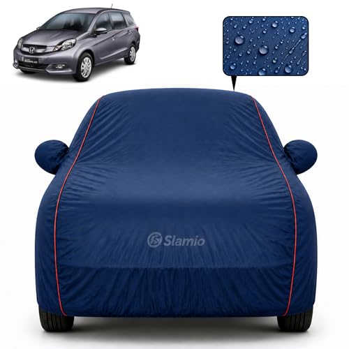 Image of Premium 100% Waterproof Car Cover for Honda's Mobilio Model | All-Weather, UV & Dust Protection | Heavy-Duty 3-Layer Fabric | Custom Fit with Mirror & Antenna Pockets | Navy Blue