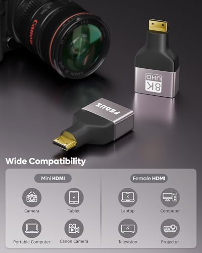 Image of FEDUS EIKON Mini HDMI to Standard HDMI Adapter 8K@60Hz, 4K@144Hz, 2K@240Hz, Male to Female Converter, 48Gbps, support HDR, 3D for DSLR Camera, Camcorder, Laptop, Pi Zero, Monitor, Desktop, Projector