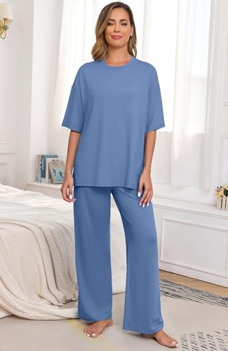 Image of PrinStory Womens Pajamas Sets 2 Piece Lounge Set Short Sleeve Tops and Long Pants Soft Pjs Loungewear with Pockets