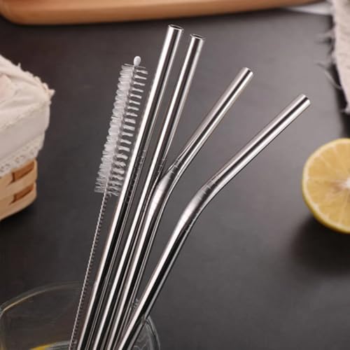 Image of Reusable Stainless Steel Straws Set - 5 Pieces (2 Bend Pipe, 2 Long, 1 Cleaning Brush) - Rainbow Metal Drinking Straws