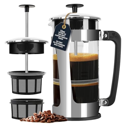 ESPRO P5 French Press Coffee Maker – Patented Double Micro-Filter for Grit Free Brew, Heat-Resistant Thicker Borosilicate Glass Coffee Press – 32 oz