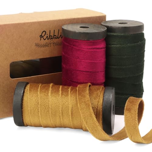 Ribbli Burgundy Gold Moss Velvet Ribbon 3 Rolls Double Faced 3/8 Inch 18-Yard with Wooden Spool Use for Christmas Tree Ornaments Gift Wrapping Wreath Decoration Wedding Boutonnieres