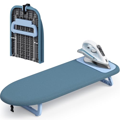 KINGBOARD Tabletop Ironing Board, Small Ironing Board with Iron Mat, Foldable Mini Iron Board, Easy Storage for Travel & Dorm, 12x32 Blue
