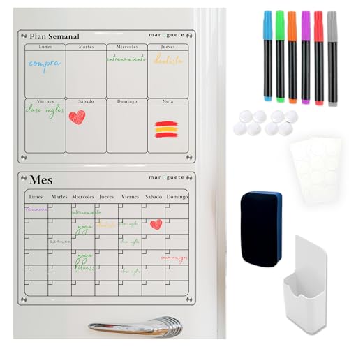 MANEGUETE. Pizarra magnetica nevera transparente en castellano. Planificador mensual, planificador semanal, 6 rotuladores y borrador. Calendario magnetico nevera que da estilo a tu cocina